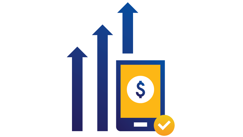 llustration: Upward trending arrows behind tablet displaying dollar sign with checkmark at bottom.