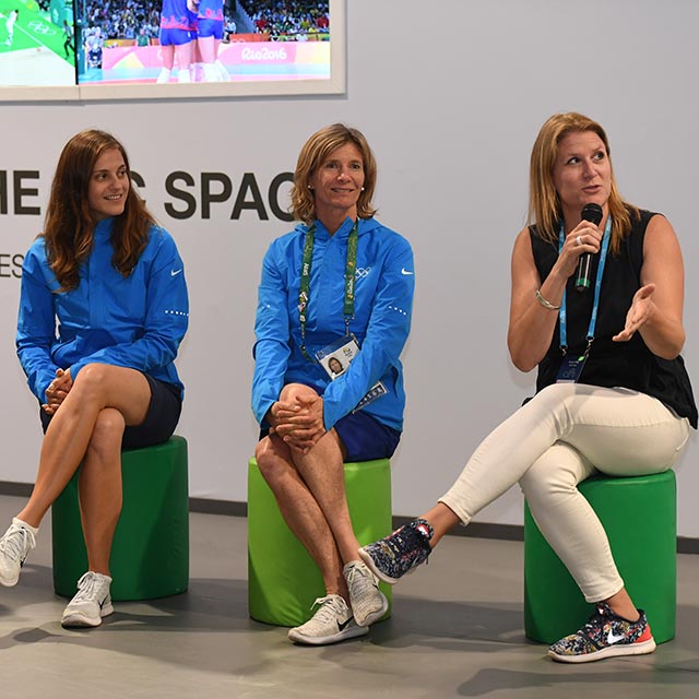 Retired Olympians Kate Johnson, Barbara Kendall, and Danka Bartekova talk on a panel about their lives after the Olympics. 
