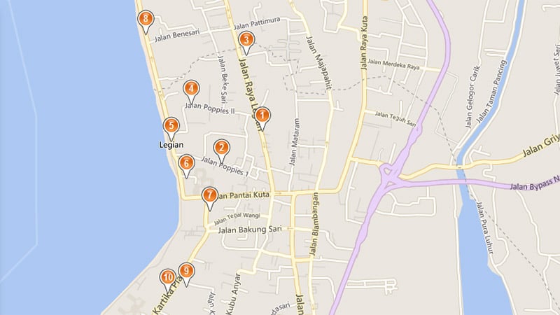 A map showing ATM locations on the Bali island