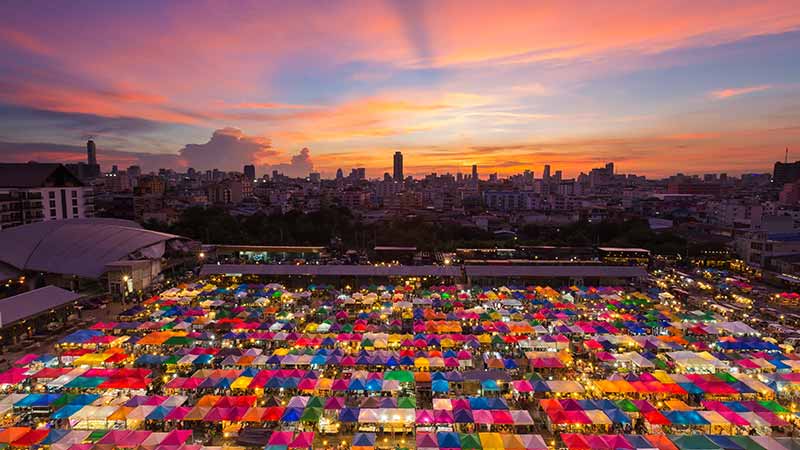 Aerial view of flea market in Bangkok with beautiful sky after sunset