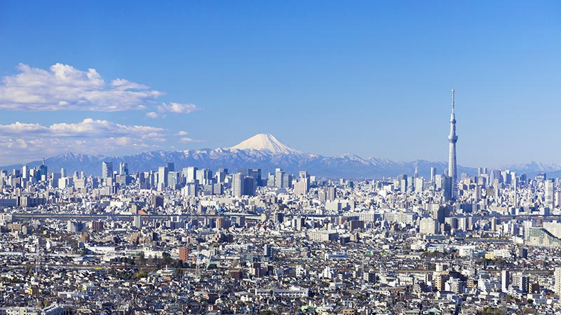 Overlooking the beautiful Mount Fuji and Tokyo Sky Tree and Tokyo that was Snow-Covered